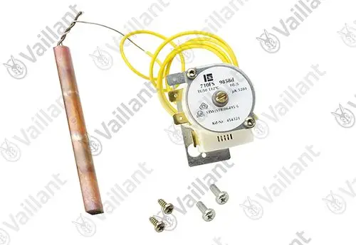 Vaillant Sicherheitstemperaturbegrenzer mit zwei Anschlusskabeln und Temperaturfühler in kupferner Ausführung, inklusive Montagezubehör.